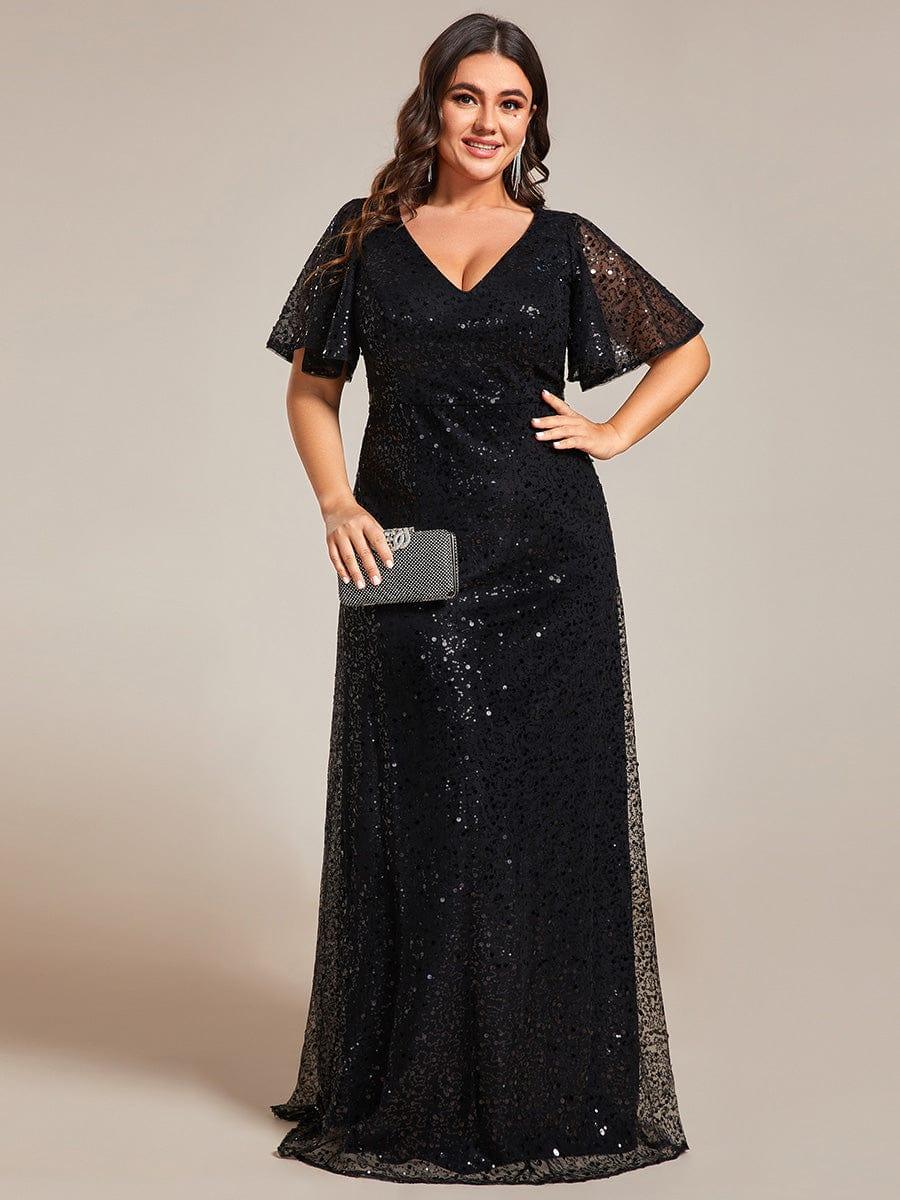 Radiant Sequin Short Sleeves A-Line V-Neck Formal Evening Dress