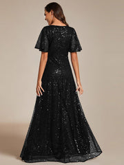 Radiant Sequin Short Sleeves A-Line V-Neck Formal Evening Dress