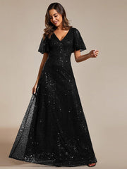 Radiant Sequin Short Sleeves A-Line V-Neck Formal Evening Dress