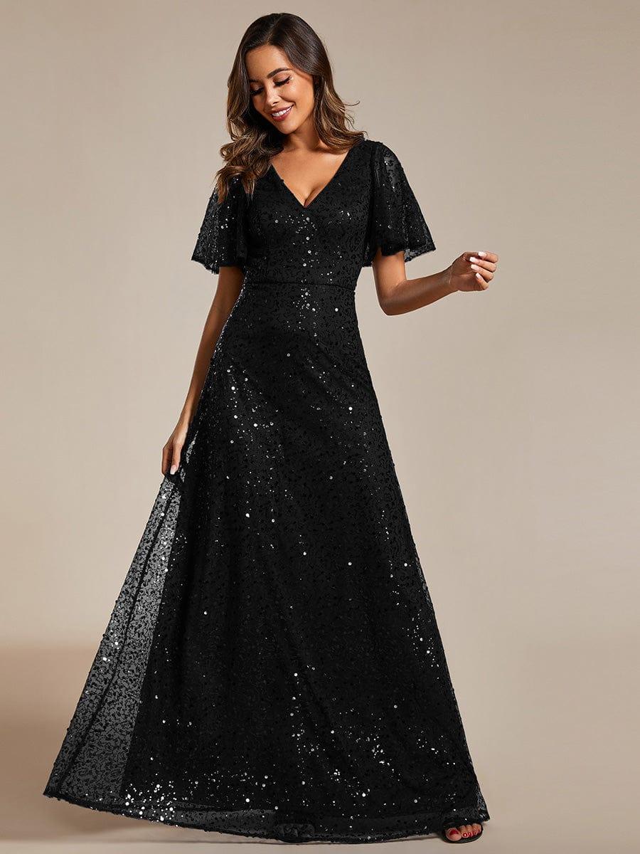 Radiant Sequin Short Sleeves A-Line V-Neck Formal Evening Dress