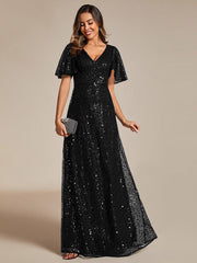 Radiant Sequin Short Sleeves A-Line V-Neck Formal Evening Dress