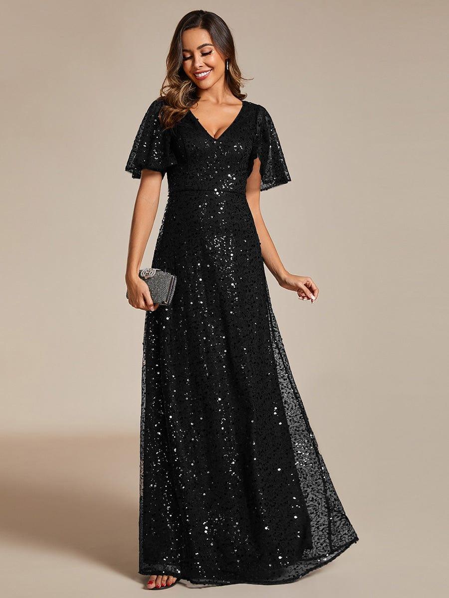 Radiant Sequin Short Sleeves A-Line V-Neck Formal Evening Dress
