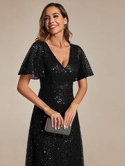Radiant Sequin Short Sleeves A-Line V-Neck Formal Evening Dress