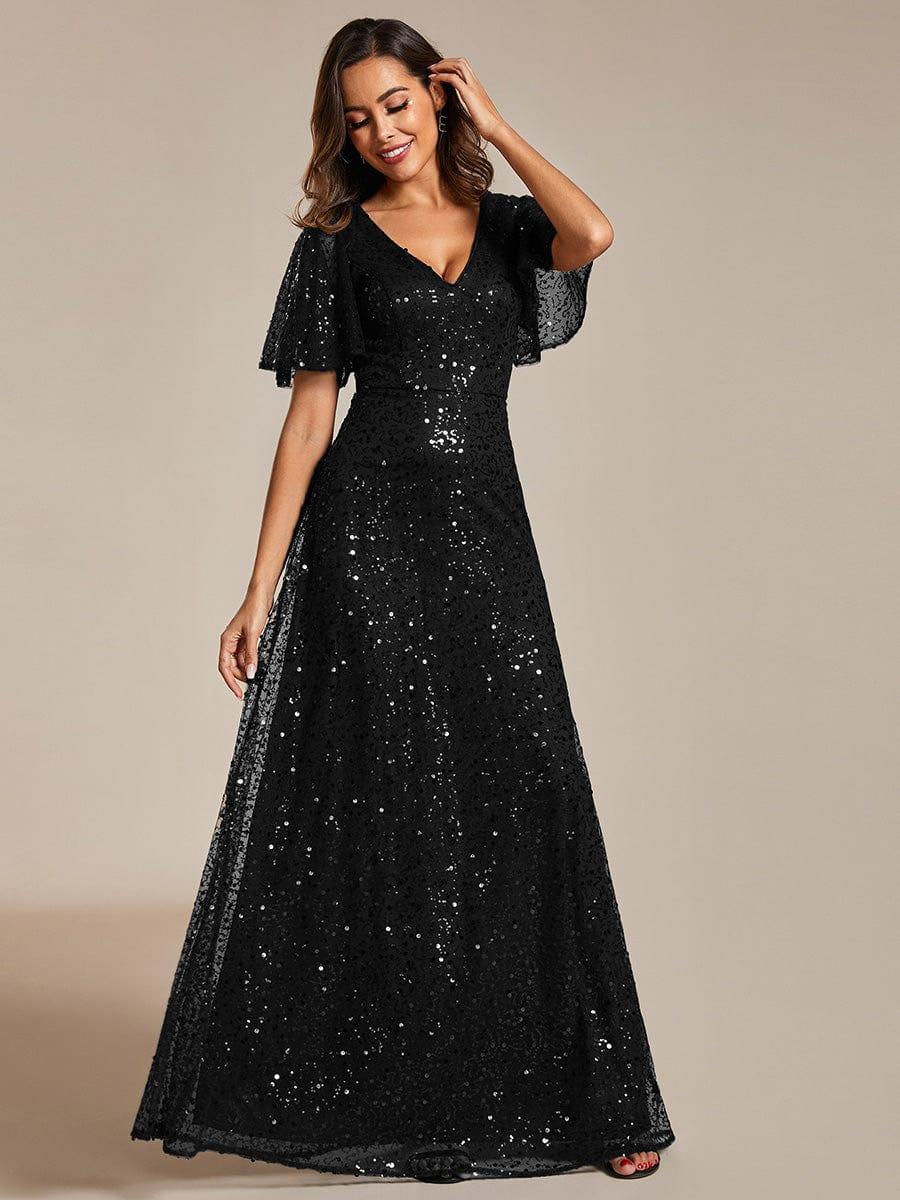 Radiant Sequin Short Sleeves A-Line V-Neck Formal Evening Dress