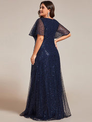 Radiant Sequin Short Sleeves A-Line V-Neck Formal Evening Dress