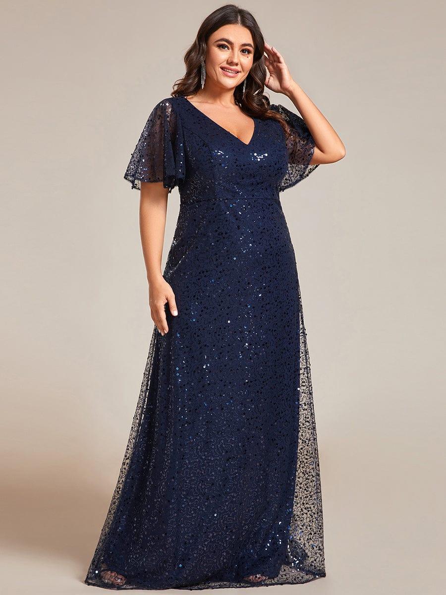 Radiant Sequin Short Sleeves A-Line V-Neck Formal Evening Dress