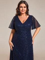 Radiant Sequin Short Sleeves A-Line V-Neck Formal Evening Dress