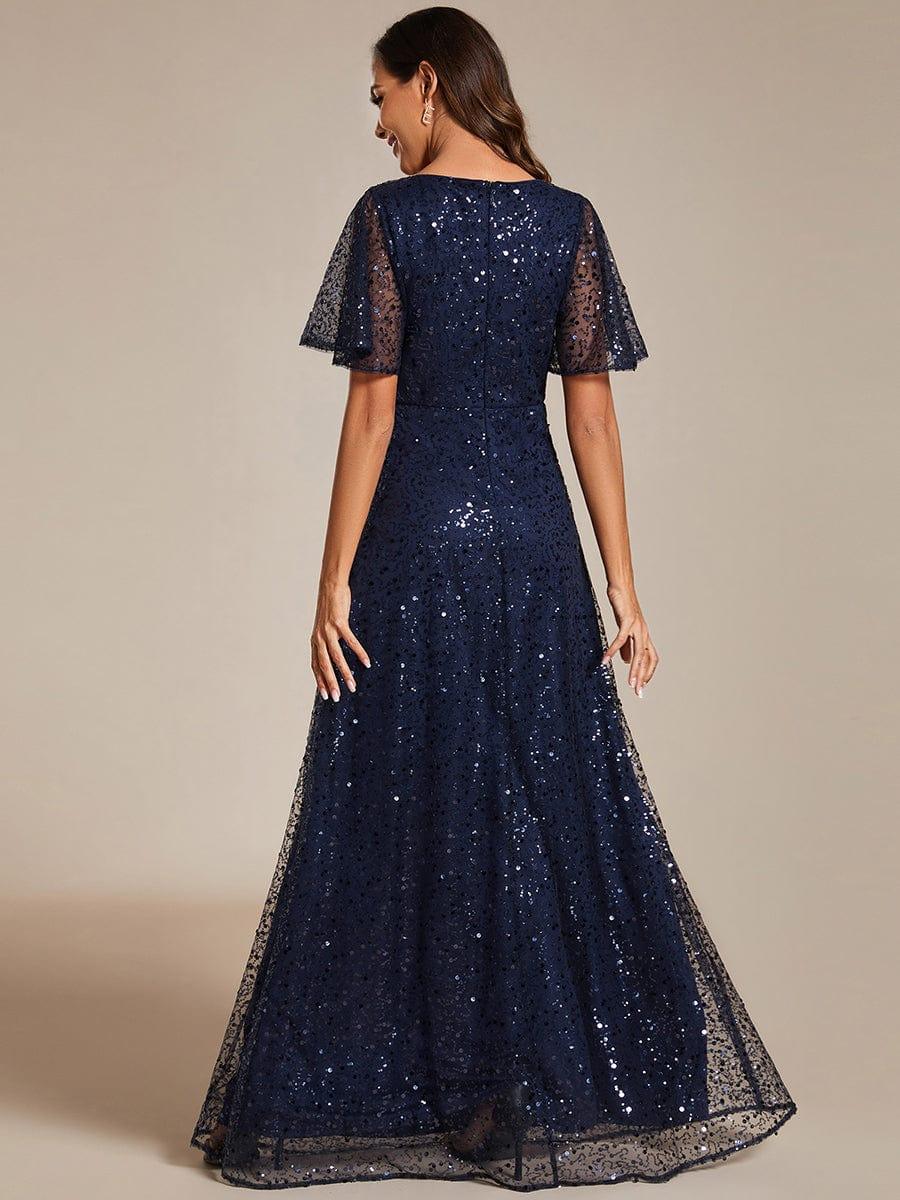Radiant Sequin Short Sleeves A-Line V-Neck Formal Evening Dress
