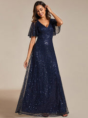 Radiant Sequin Short Sleeves A-Line V-Neck Formal Evening Dress