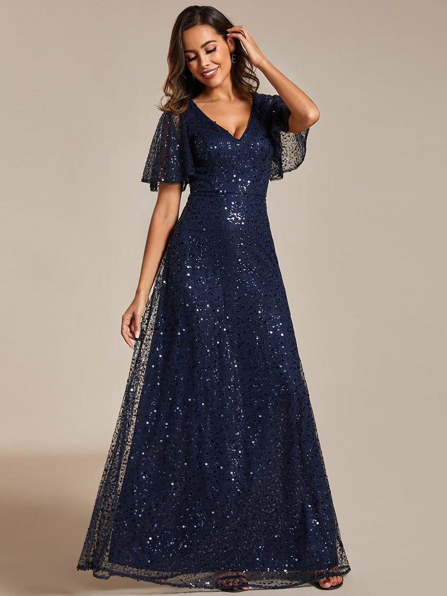 Radiant Sequin Short Sleeves A-Line V-Neck Formal Evening Dress