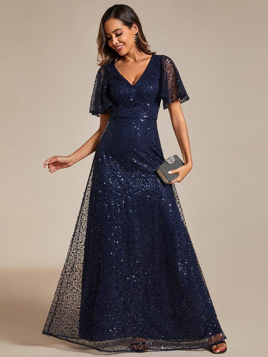 Radiant Sequin Short Sleeves A-Line V-Neck Formal Evening Dress