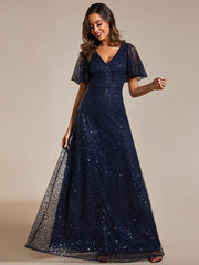 Radiant Sequin Short Sleeves A-Line V-Neck Formal Evening Dress
