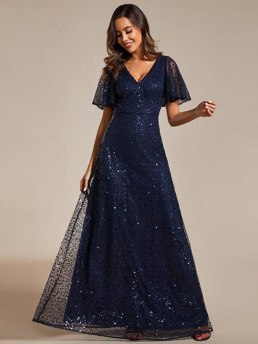 Radiant Sequin Short Sleeves A-Line V-Neck Formal Evening Dress