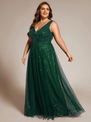 Feminine Plus Size Sequin V-Neck A-Line Tulle Formal Evening Dress
