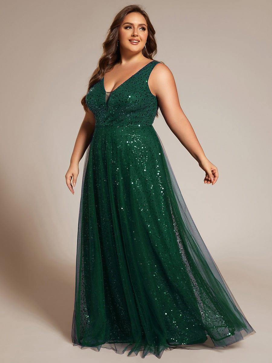 Feminine Plus Size Sequin V-Neck A-Line Tulle Formal Evening Dress