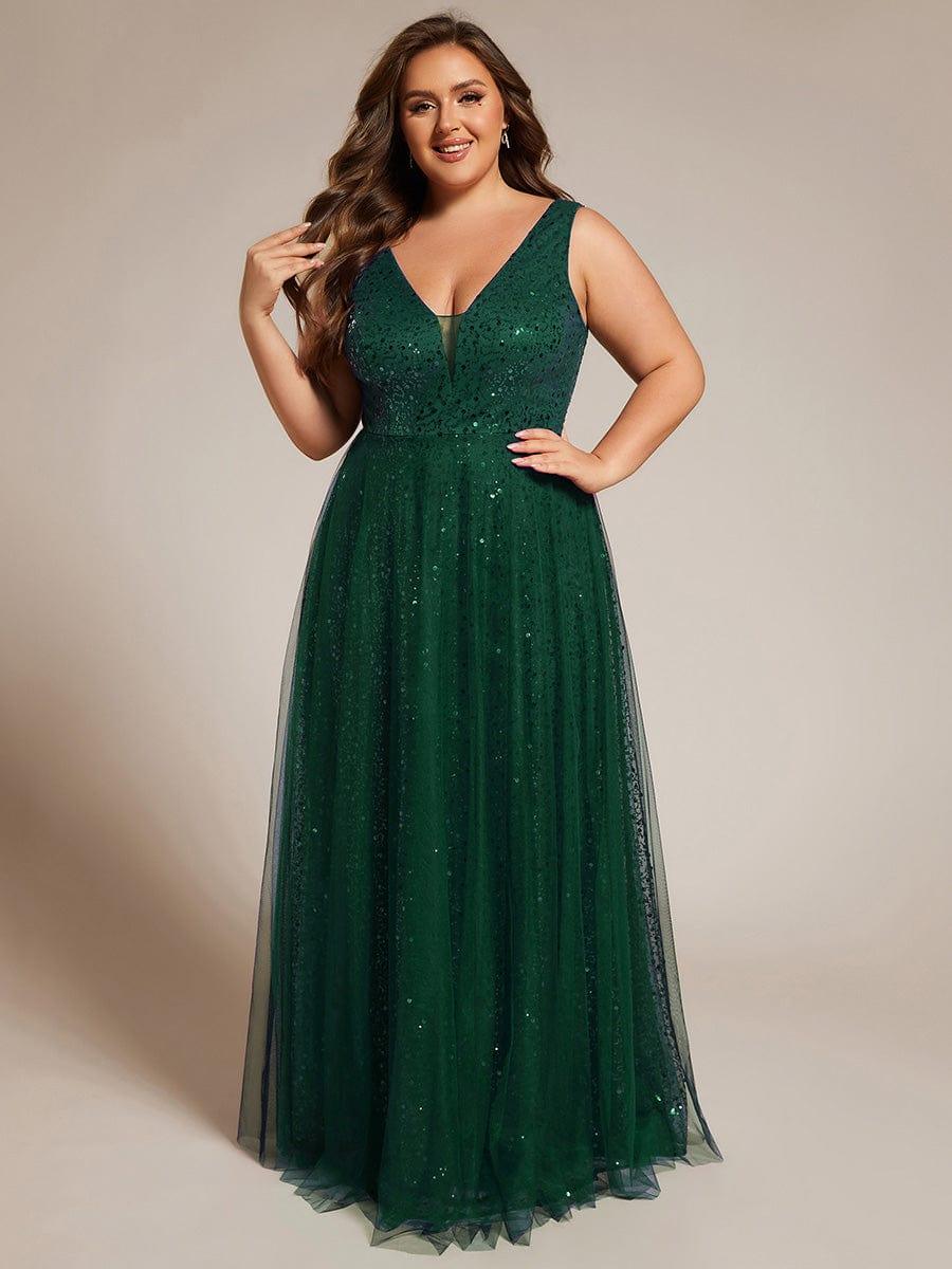 Feminine Plus Size Sequin V-Neck A-Line Tulle Formal Evening Dress