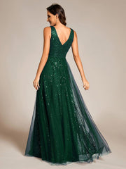 Graceful V-Neck Sleeveless Sequin Tulle A-Line Evening Dress