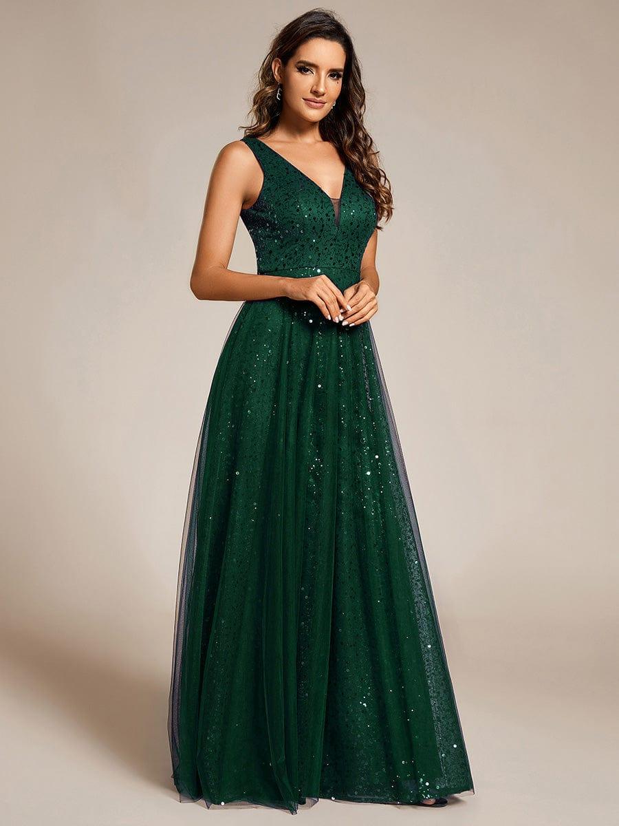Graceful V-Neck Sleeveless Sequin Tulle A-Line Evening Dress