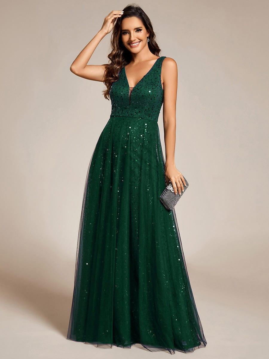 Graceful V-Neck Sleeveless Sequin Tulle A-Line Evening Dress