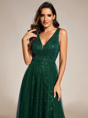 Graceful V-Neck Sleeveless Sequin Tulle A-Line Evening Dress