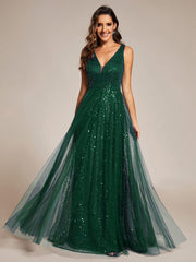 Graceful V-Neck Sleeveless Sequin Tulle A-Line Evening Dress