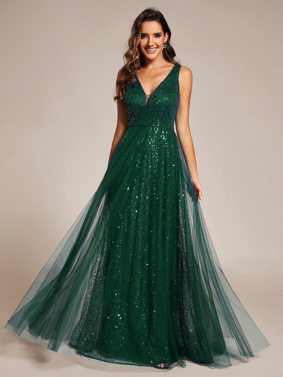 Graceful V-Neck Sleeveless Sequin Tulle A-Line Evening Dress