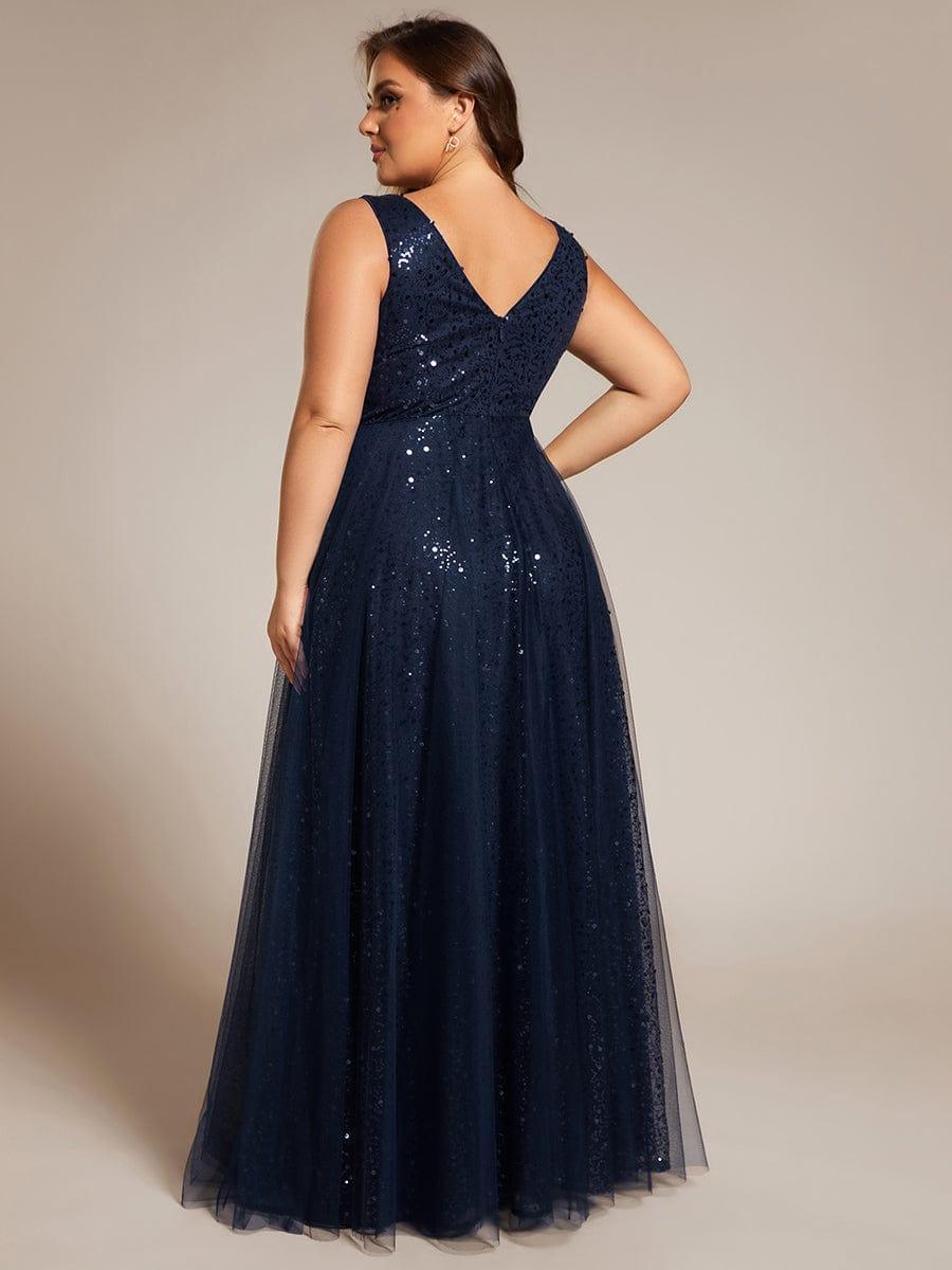 Feminine Plus Size Sequin V-Neck A-Line Tulle Formal Evening Dress