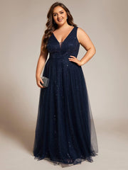 Feminine Plus Size Sequin V-Neck A-Line Tulle Formal Evening Dress