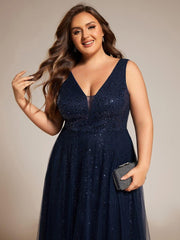 Feminine Plus Size Sequin V-Neck A-Line Tulle Formal Evening Dress