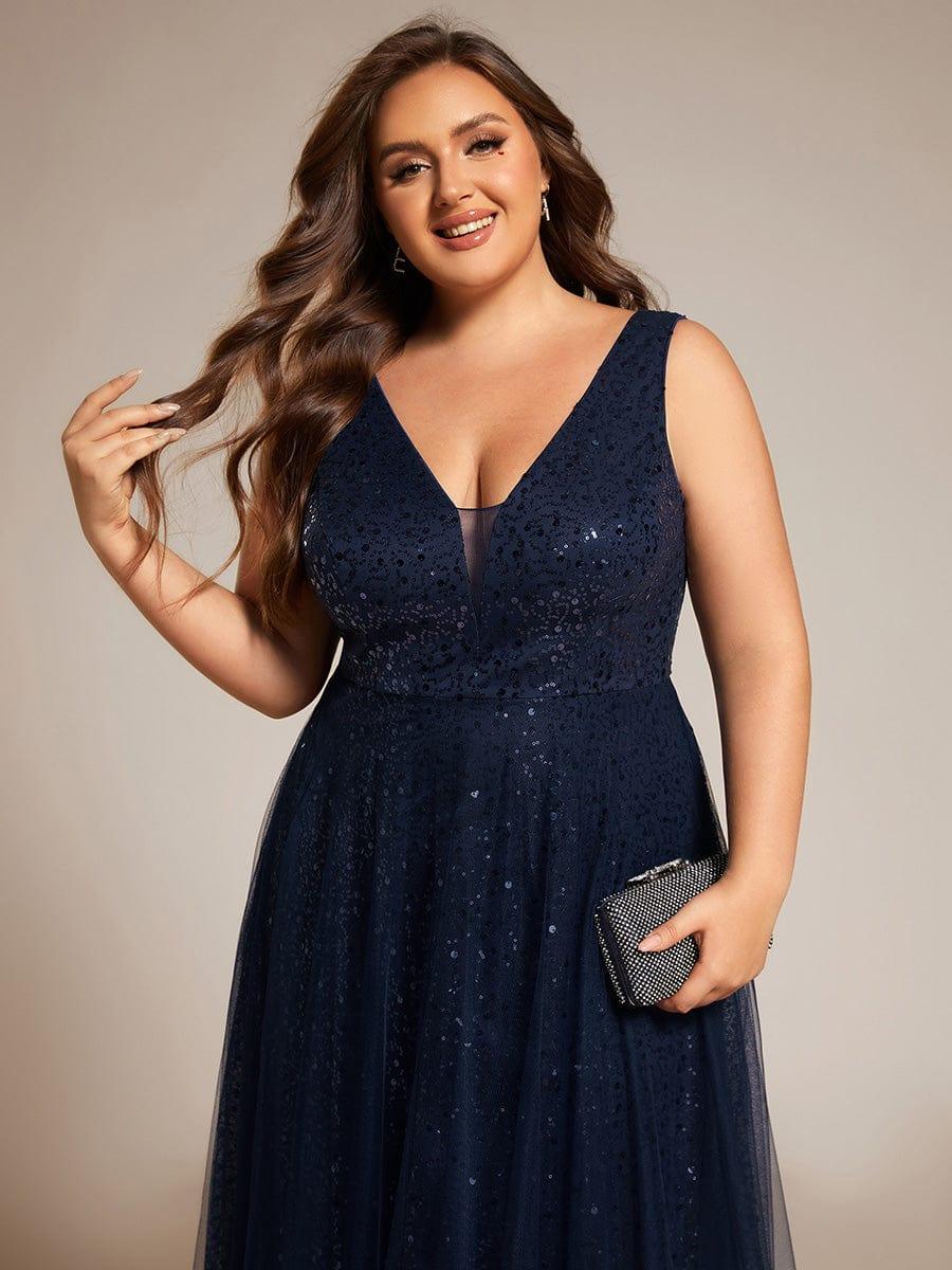 Feminine Plus Size Sequin V-Neck A-Line Tulle Formal Evening Dress