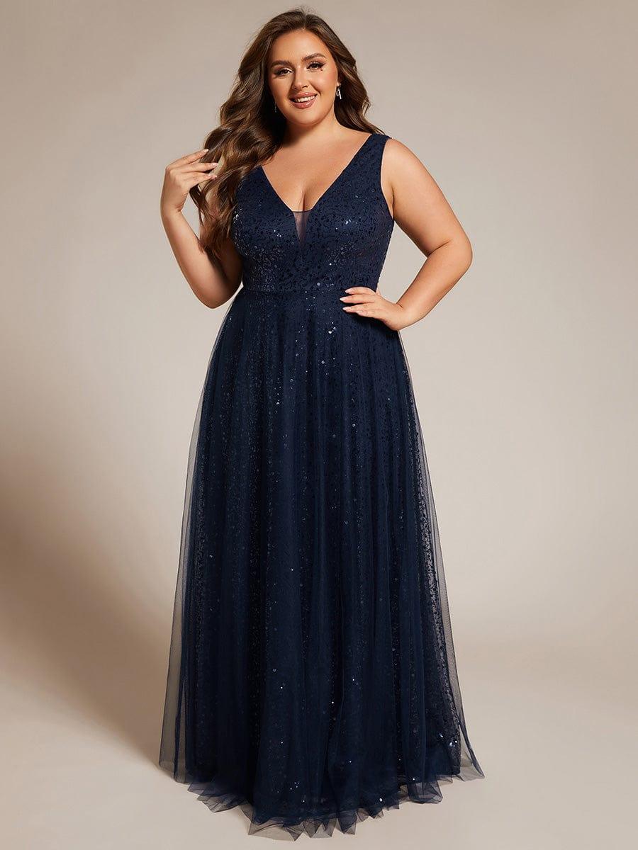 Feminine Plus Size Sequin V-Neck A-Line Tulle Formal Evening Dress