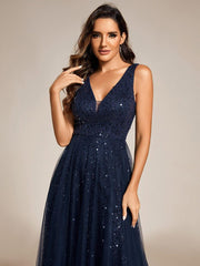 Graceful V-Neck Sleeveless Sequin Tulle A-Line Evening Dress