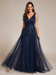 Graceful V-Neck Sleeveless Sequin Tulle A-Line Evening Dress