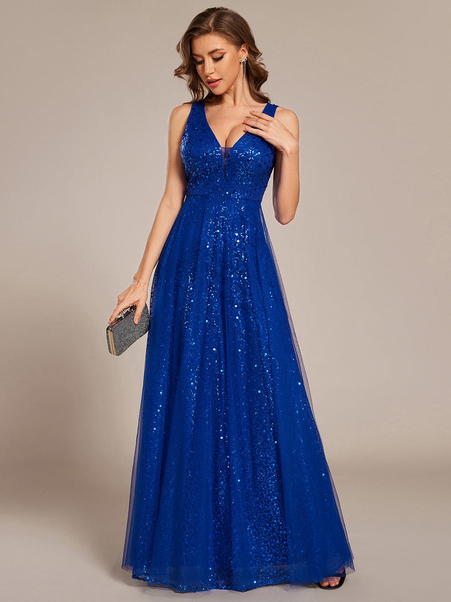 Graceful V-Neck Sleeveless Sequin Tulle A-Line Evening Dress