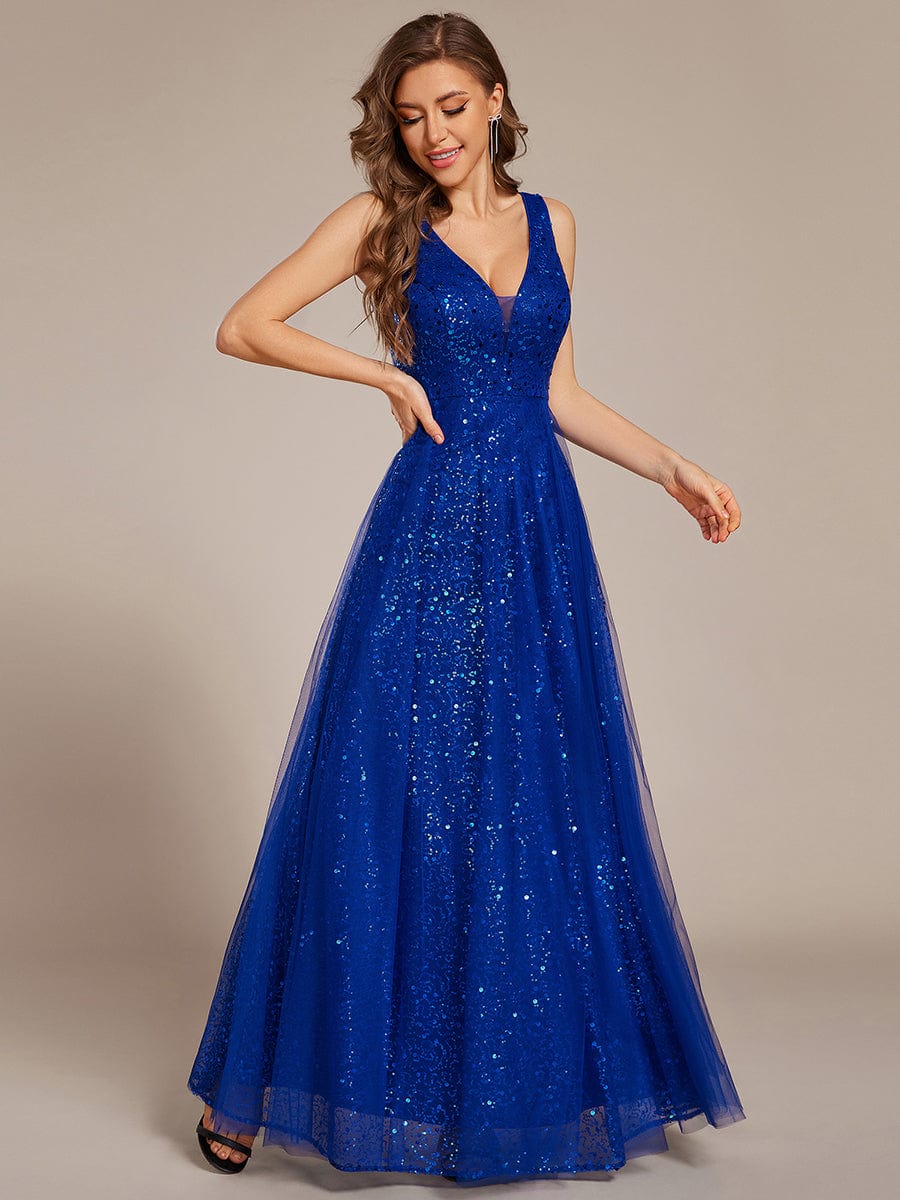 Graceful V-Neck Sleeveless Sequin Tulle A-Line Evening Dress