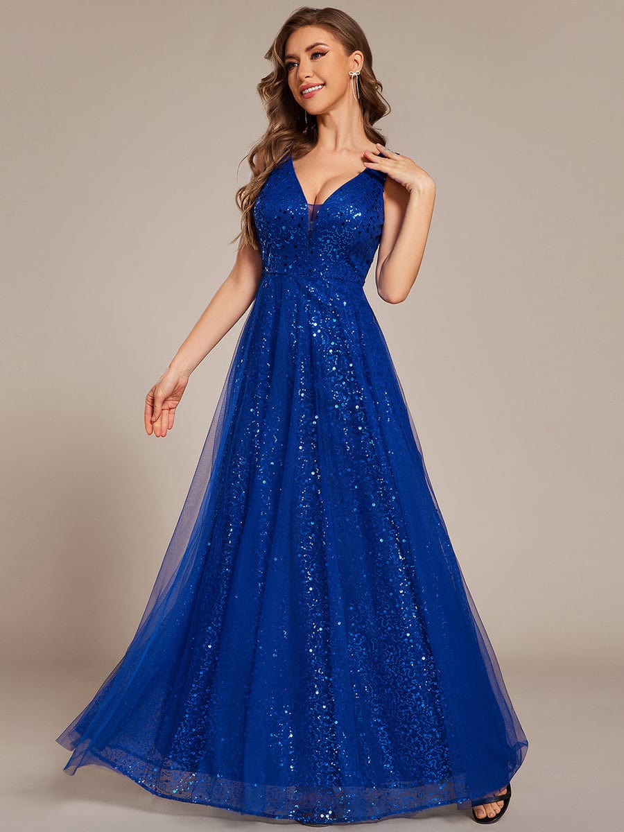 Graceful V-Neck Sleeveless Sequin Tulle A-Line Evening Dress