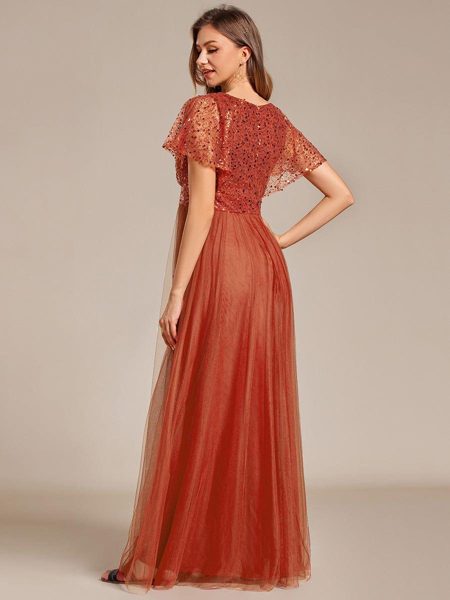 Glitteryly A-Line V-Neck Tulle Formal Evening Dress with Short Sleeves