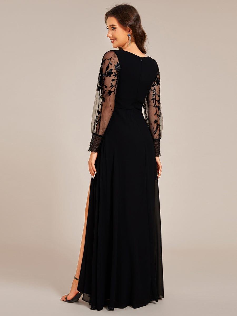 Trendy Long Sleeves V-Neck Chiffon Formal Evening Dress with Slit
