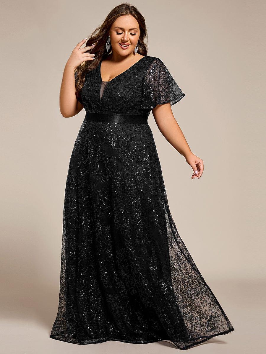 Dream Plus Size A-Line Sequin V-Neck Maxi Formal Dress with Sash