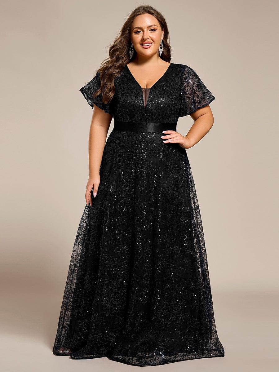 Dream Plus Size A-Line Sequin V-Neck Maxi Formal Dress with Sash