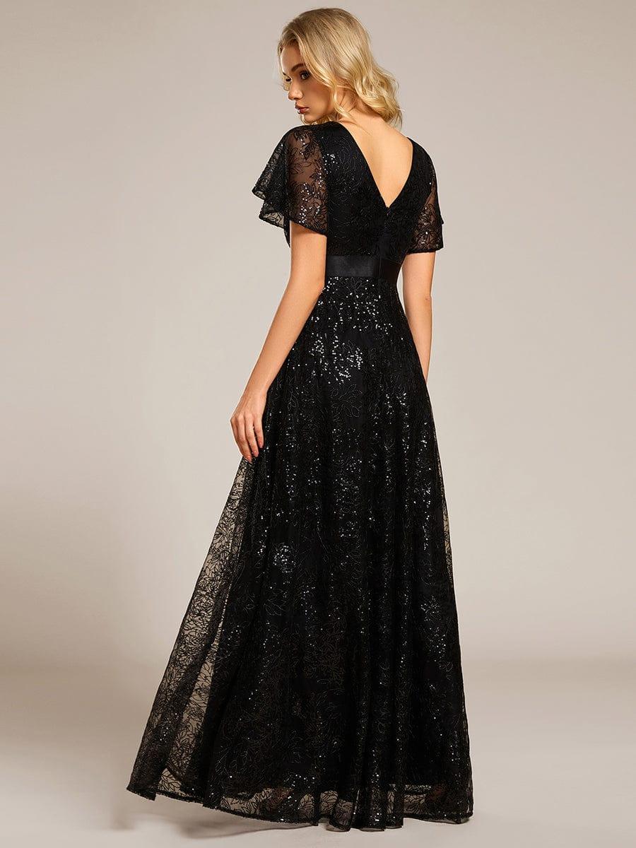 Lovely A-Line V-Neck Sequin Formal Maxi Dress with Short Sleeves