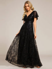 Lovely A-Line V-Neck Sequin Formal Maxi Dress with Short Sleeves