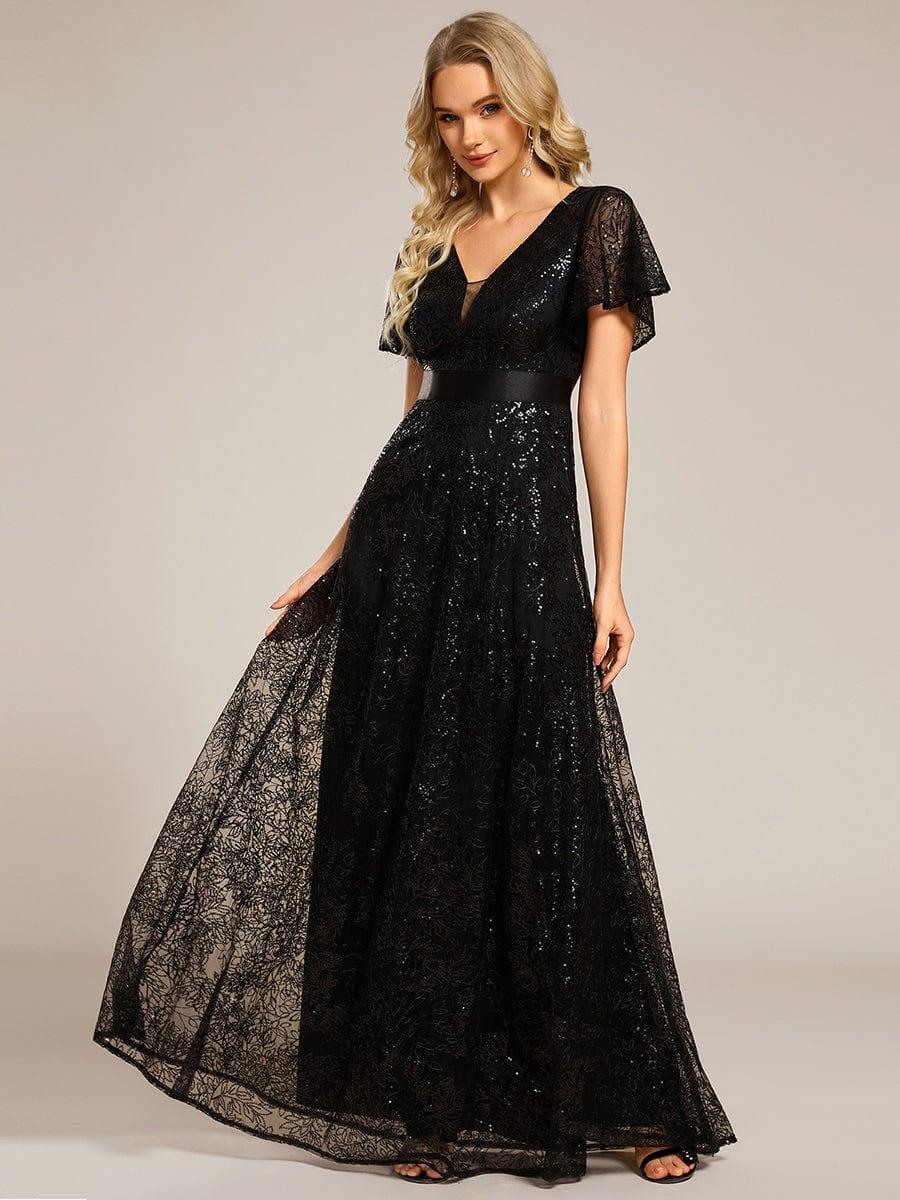 Lovely A-Line V-Neck Sequin Formal Maxi Dress with Short Sleeves
