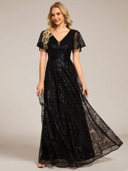 Lovely A-Line V-Neck Sequin Formal Maxi Dress with Short Sleeves
