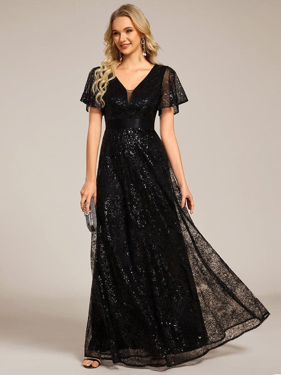 Lovely A-Line V-Neck Sequin Formal Maxi Dress with Short Sleeves