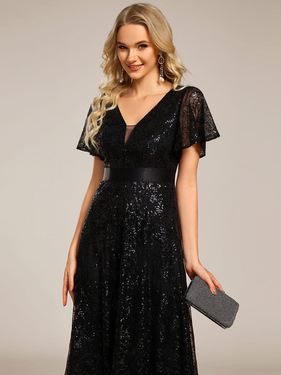Lovely A-Line V-Neck Sequin Formal Maxi Dress with Short Sleeves