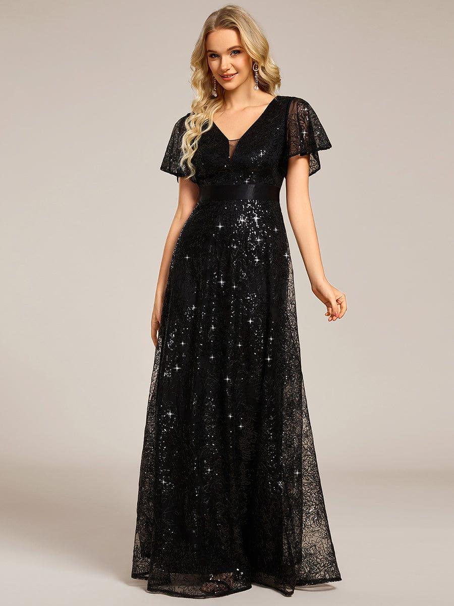 Lovely A-Line V-Neck Sequin Formal Maxi Dress with Short Sleeves