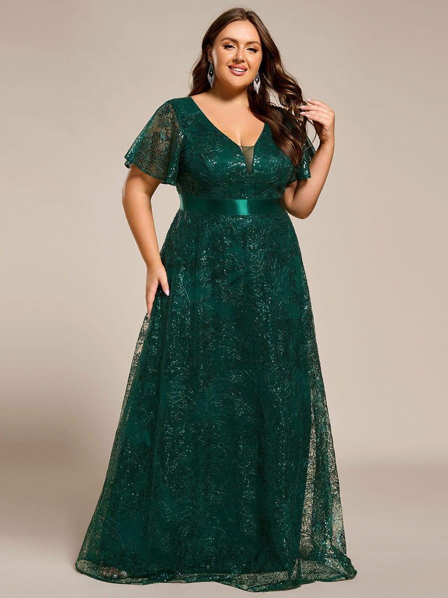 Dream Plus Size A-Line Sequin V-Neck Maxi Formal Dress with Sash