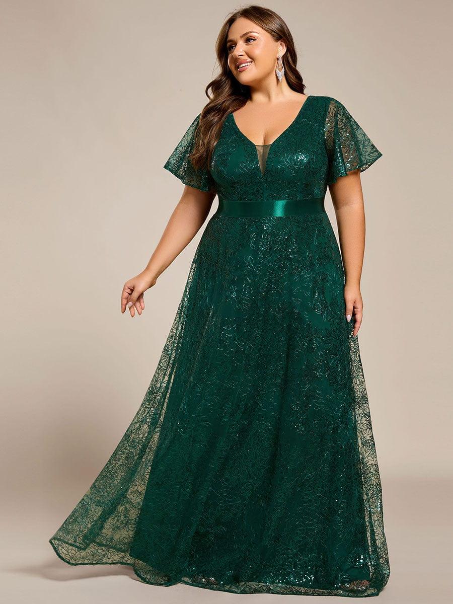 Dream Plus Size A-Line Sequin V-Neck Maxi Formal Dress with Sash