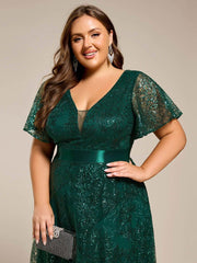 Dream Plus Size A-Line Sequin V-Neck Maxi Formal Dress with Sash